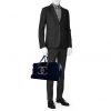 Travel bag in navy blue quilted terry cloth and navy blue leather - Detail D1 thumbnail