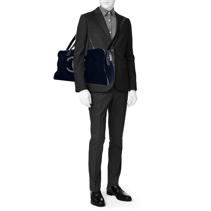 Travel bag in navy blue quilted terry cloth and navy blue leather - Detail D2