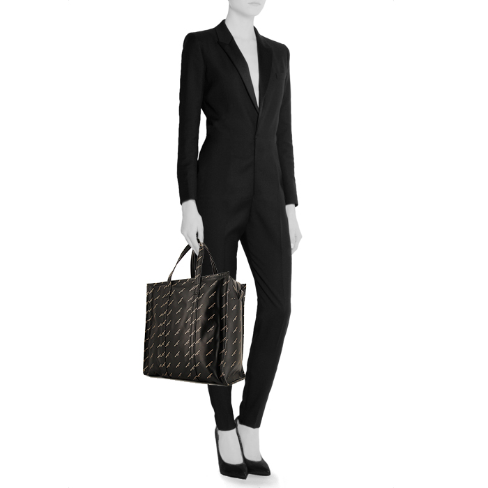 Shopping bag Balenciaga Bazar shopper in pelle nera motivo firmato - Detail D1