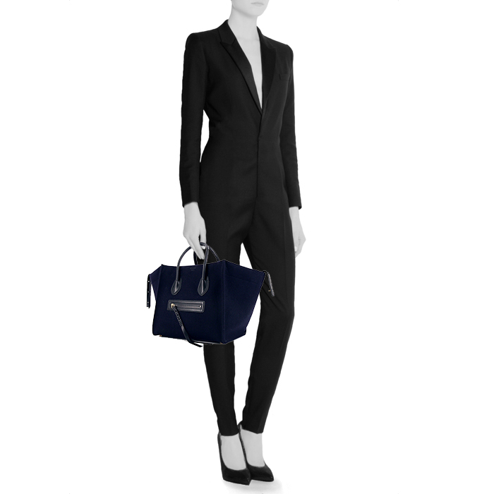 Shopping bag Céline Phantom in feltro blu e pelle nera - Detail D1