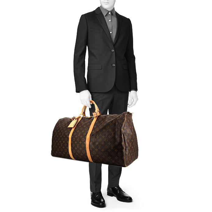 Sac de voyage Louis Vuitton  Keepall 60 en toile monogram marron et cuir naturel - Detail D1