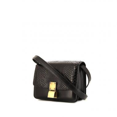 Bolso de mano Céline Classic Box en cuero box negro y piel de pitón negra