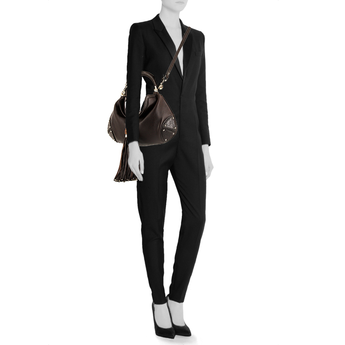 Borsa da spalla o a mano Gucci Bamboo Indy Hobo in pelle marrone e bambù - Detail D2