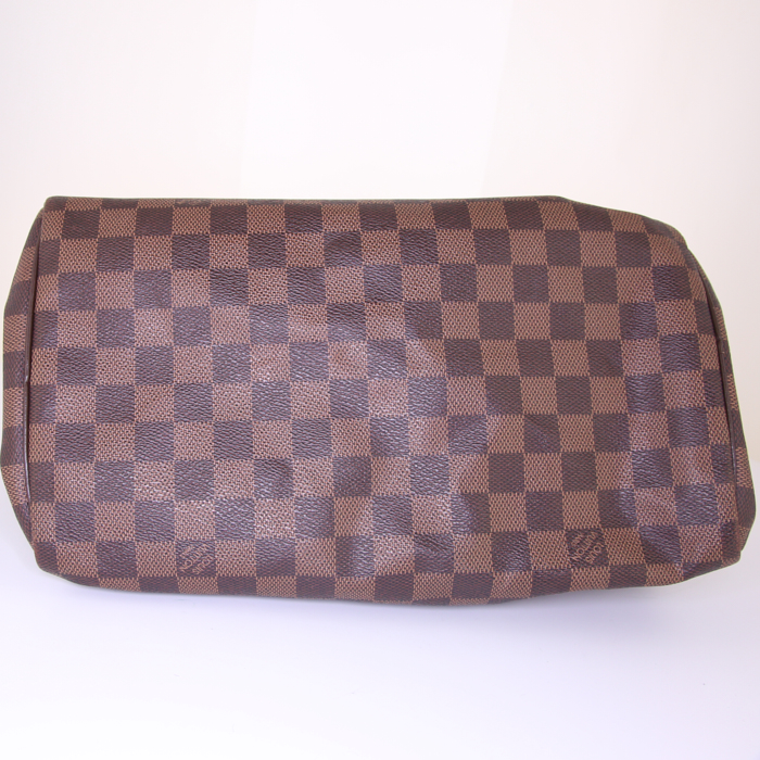 Sac à main Louis Vuitton Speedy 30 en toile damier ébène et cuir marron - Detail D4