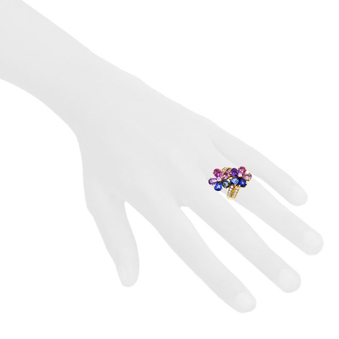 Bague Bulgari Flora grand modèle en or jaune,  saphirs de couleur et diamants - Detail D1