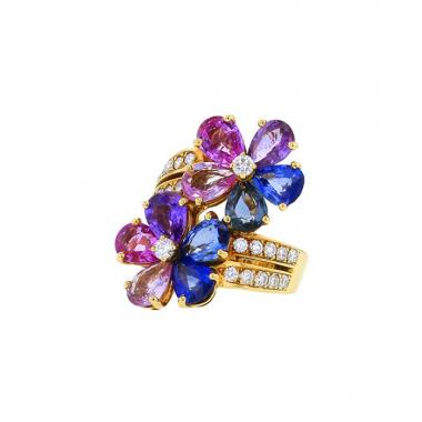 Anello Bulgari Flora modello grande in oro giallo,  zaffiri e diamanti