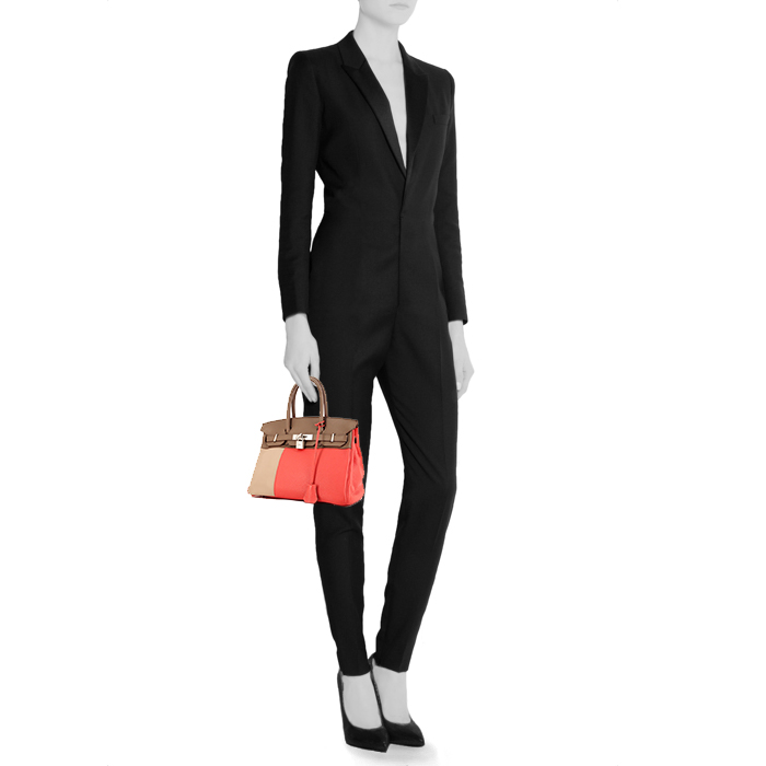 Sac à main Hermes Birkin 30 cm en cuir Swift Argile et étoupe et cuir taurillon clémence rose Jaipur - Detail D1