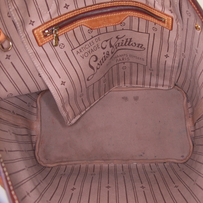 Bolso Cabás Louis Vuitton Neverfull modelo mediano en lona Monogram marrón y cuero natural - Detail D2