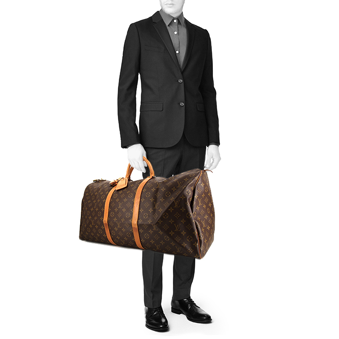 Sac de voyage Louis Vuitton Keepall 60 cm en toile monogram marron et cuir naturel - Detail D1