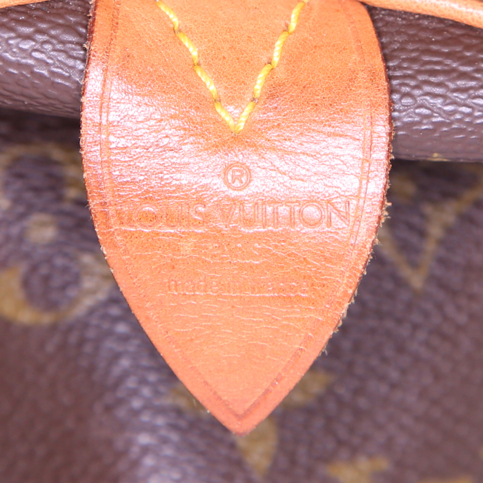Sac de voyage Louis Vuitton Keepall 60 cm en toile monogram marron et cuir naturel - Detail D3