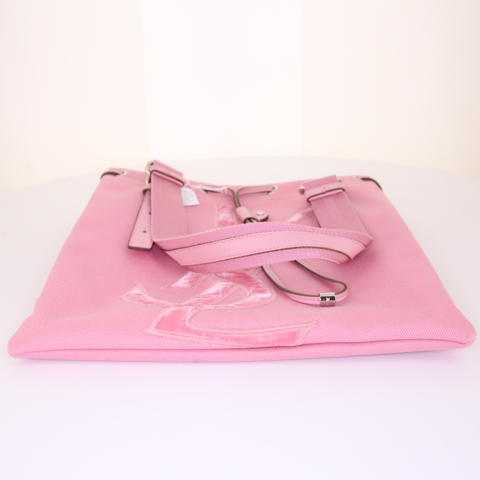 Saint Laurent shopping bag in pink canvas and pink leather - Detail D4