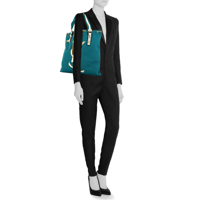 Sac cabas Saint Laurent en toile turquoise et beige et cuir argenté - Detail D1