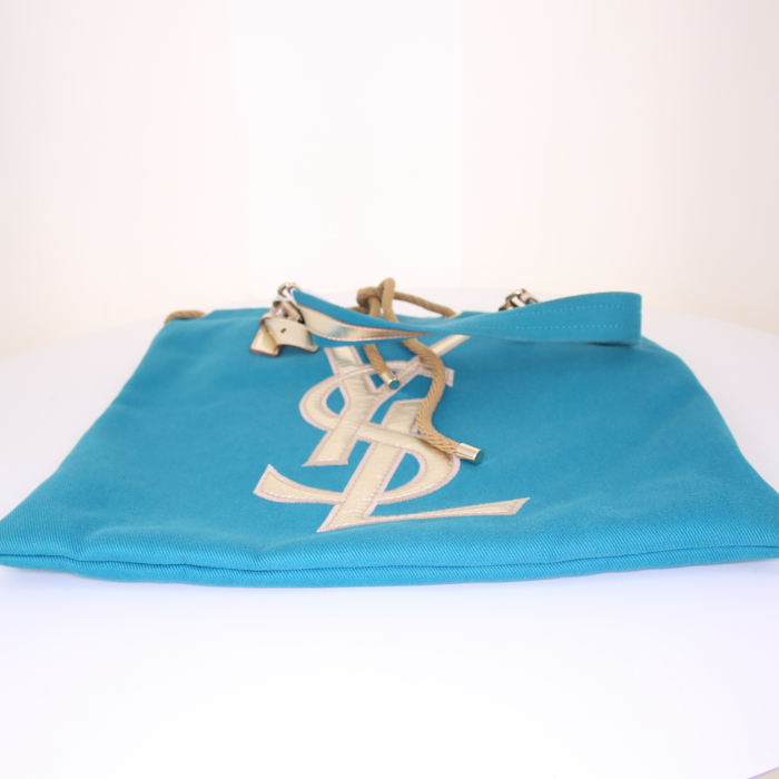 Sac cabas Saint Laurent en toile turquoise et beige et cuir argenté - Detail D4