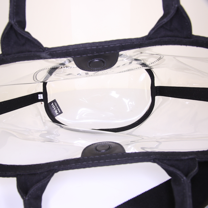 Sac à main Prada petit modèle en vinyle transparent et noir et toile noire - Detail D3