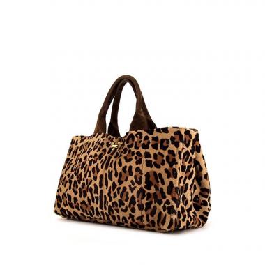 Shopping bag Prada Canapa in tela marrone con stampa leopardata
