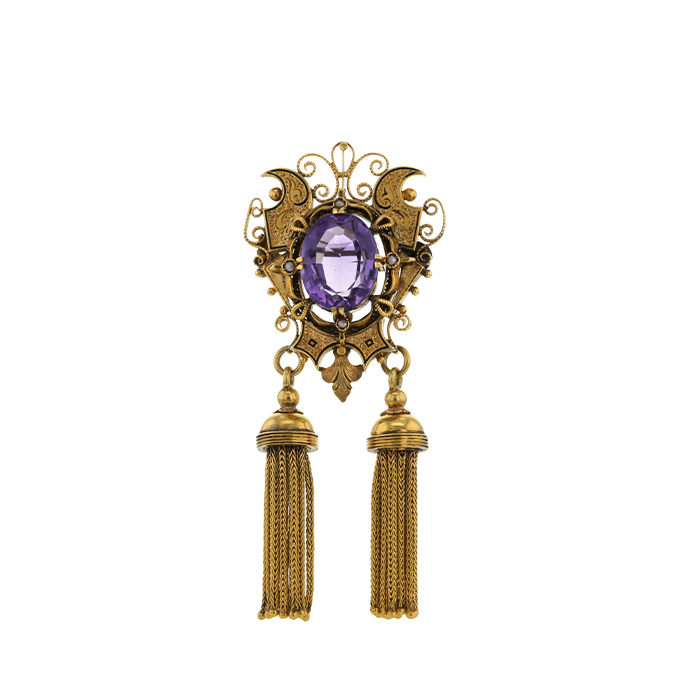 Mobile Vintage end of the 19th Century necklace pendant brooch in 9 carats yellow gold,  amethyst and pearls - Detail D1