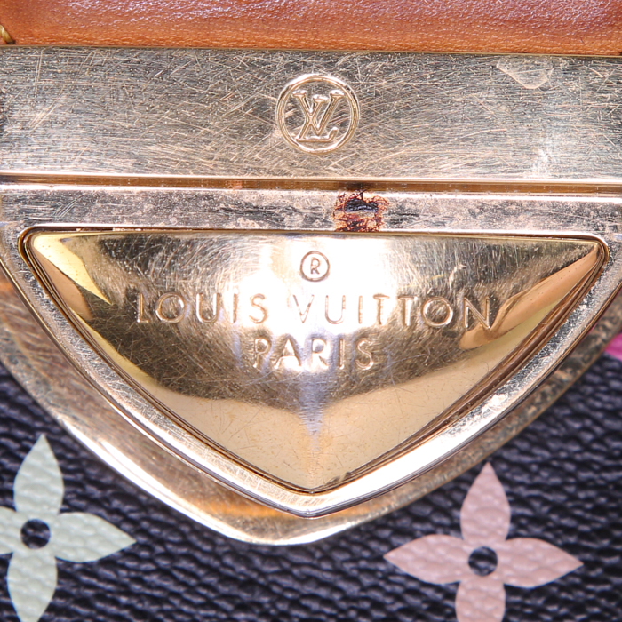 Borsa da spalla o a mano Louis Vuitton Rita in tela monogram cerata multicolore nera e pelle naturale - Detail D4