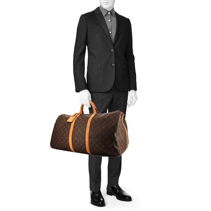Borsa da viaggio Louis Vuitton Keepall 55 cm in tela monogram cerata marrone e pelle naturale - Detail D1