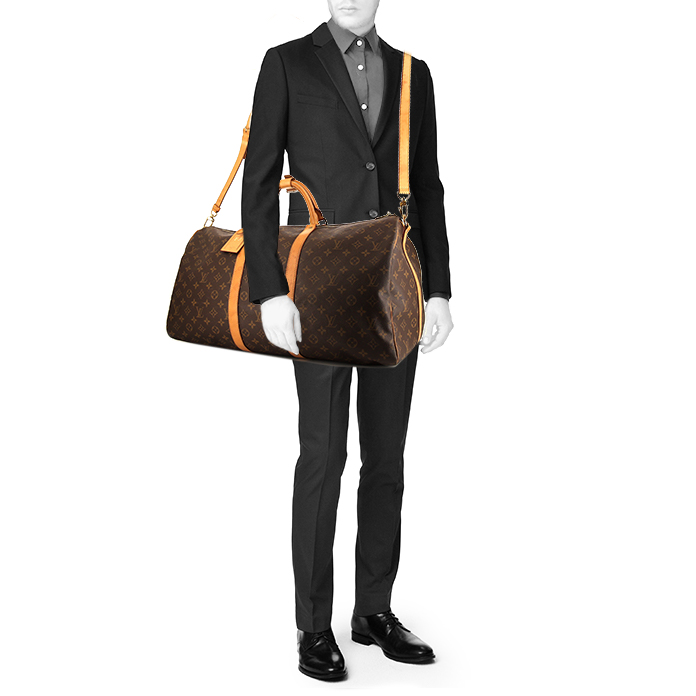 Louis Vuitton Keepall 55 cm travel bag in brown monogram canvas and natural leather - Detail D2