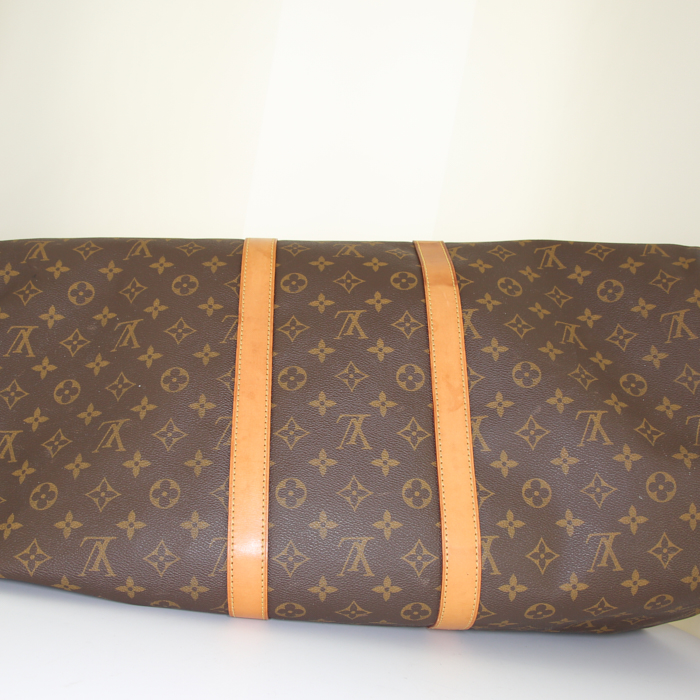 Borsa da viaggio Louis Vuitton Keepall 55 cm in tela monogram cerata marrone e pelle naturale - Detail D5