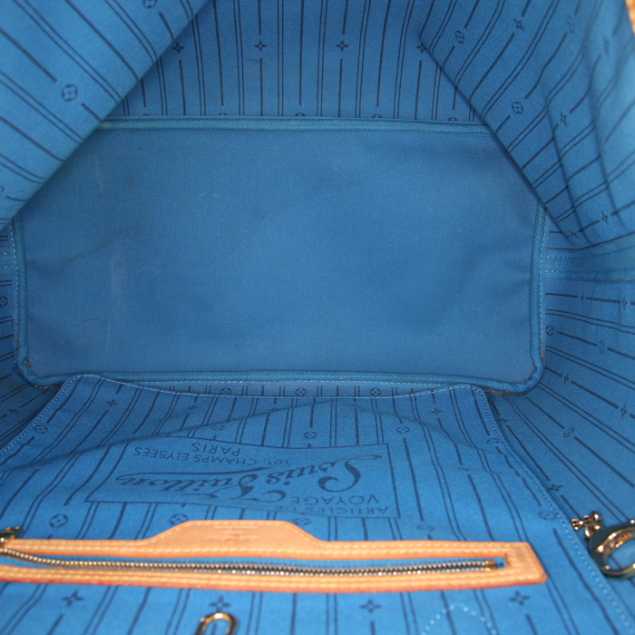 Shopping bag Louis Vuitton Neverfull modello medio in tela monogram marrone blu e bianca e pelle naturale - Detail D2