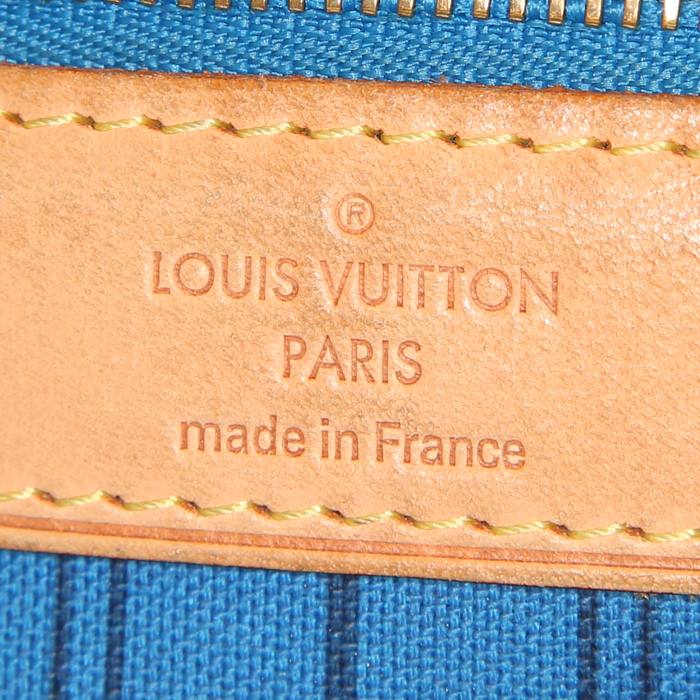 Shopping bag Louis Vuitton Neverfull modello medio in tela monogram marrone blu e bianca e pelle naturale - Detail D3