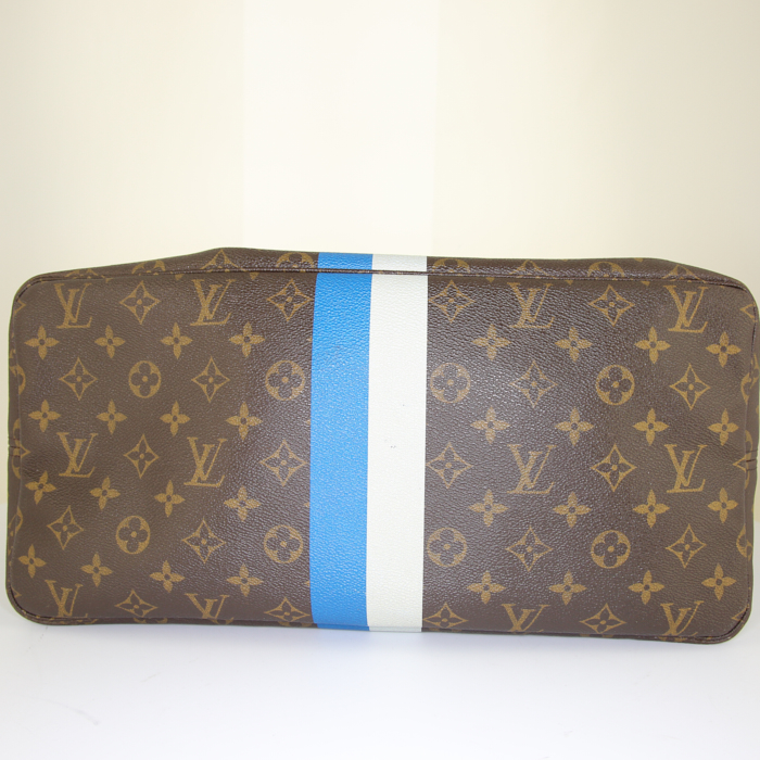 Sac cabas Louis Vuitton Neverfull moyen modèle en toile monogram marron bleue et blanche et cuir naturel - Detail D4