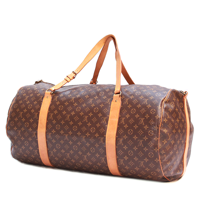 Sac de voyage Louis Vuitton Polochon en toile monogram enduite marron et cuir naturel - Detail D1