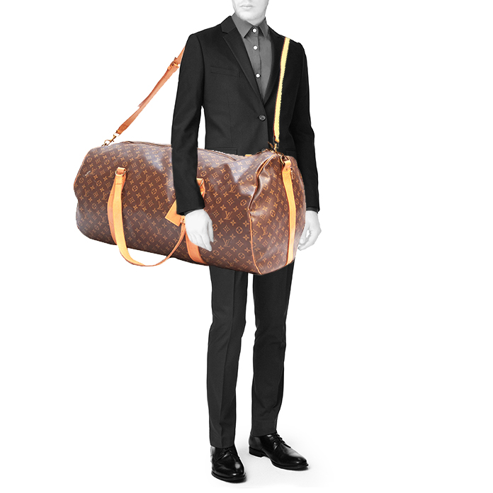 Bolsa de viaje Louis Vuitton Polochon en lona Monogram revestida marrón y cuero natural - Detail D2