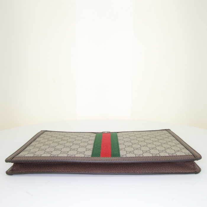 Gucci Suprême GG pouch in beige logo canvas and brown leather - Detail D4