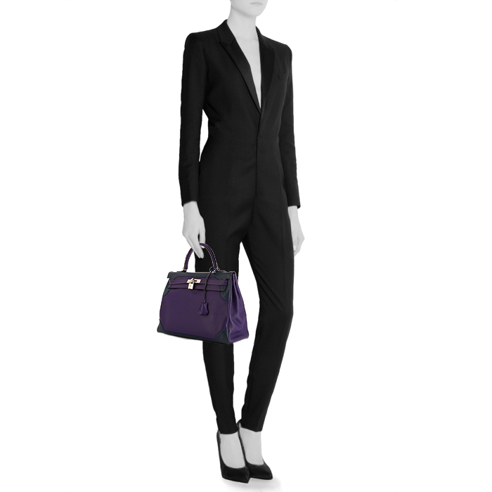 Sac à main Hermès Kelly 35 Ghillies en cuir Swift violet et bleu-marine - Detail D1