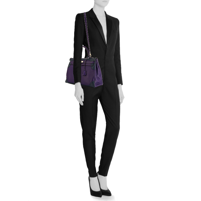 Sac à main Hermès Kelly 35 Ghillies en cuir Swift violet et bleu-marine - Detail D2