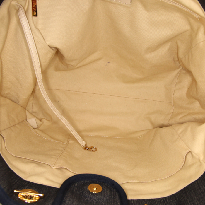 Shopping bag Chanel Deauville in denim blu e pelle blu - Detail D3