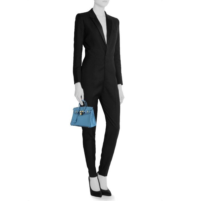 Sac à main Hermes Birkin 25 cm en cuir Swift Bleu du Nord - Detail D1