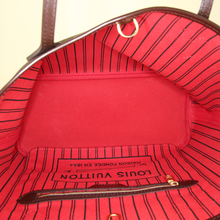 Louis Vuitton Neverfull small model shopping bag in ebene damier canvas and brown leather - Detail D2