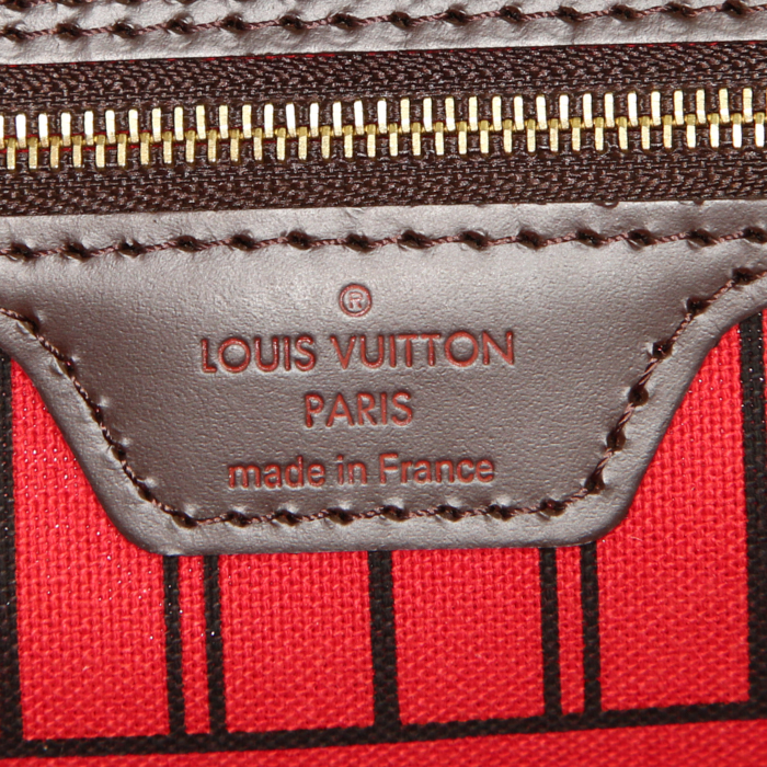 Louis Vuitton Neverfull small model shopping bag in ebene damier canvas and brown leather - Detail D3