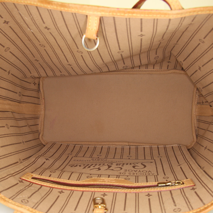 Sac cabas Louis Vuitton Neverfull moyen en toile monogram marron et cuir naturel - Detail D2