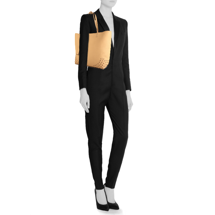 Sac cabas Tod's Wave en cuir grainé beige et blanc - Detail D1