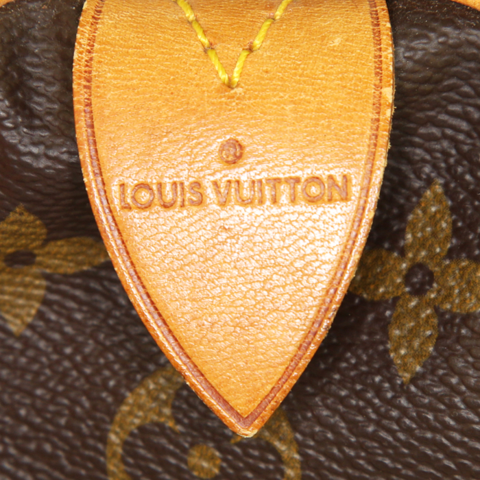 Sac à main Louis Vuitton Speedy 35 en toile monogram marron et cuir naturel - Detail D3
