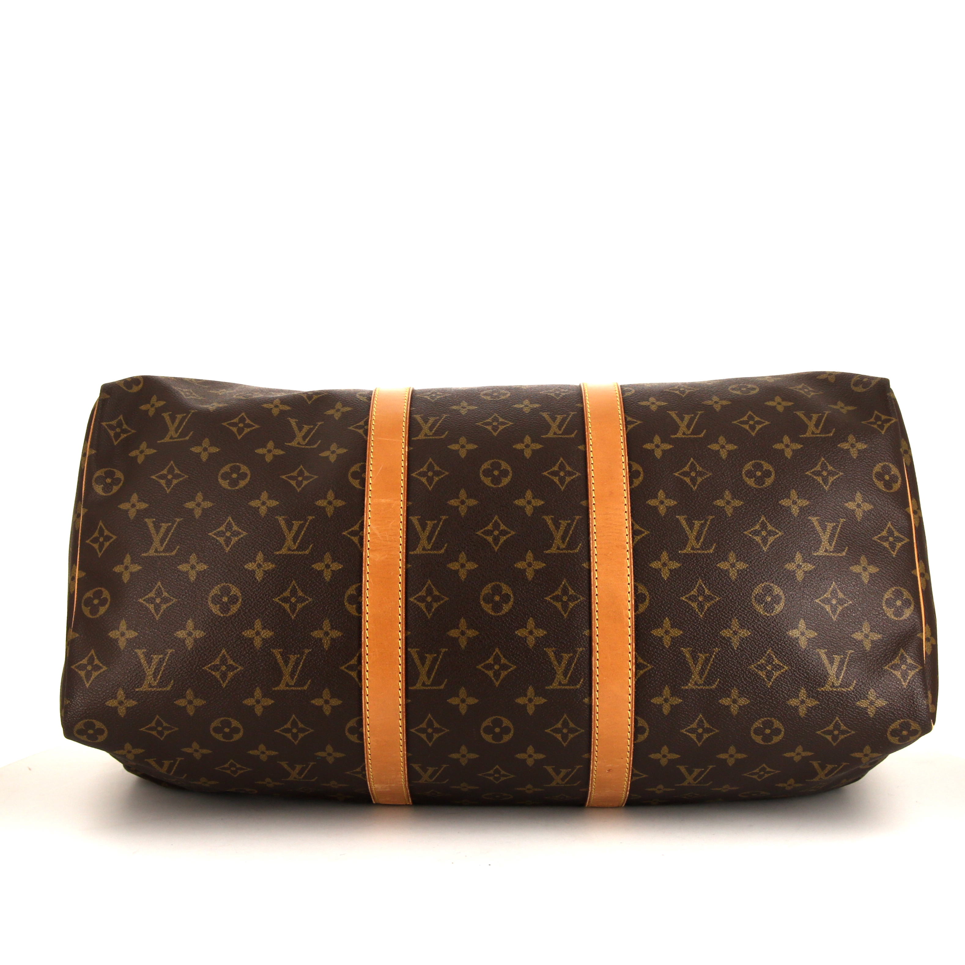 Sac de voyage Louis Vuitton Keepall 50 cm en toile monogram marron et cuir naturel - Detail D4