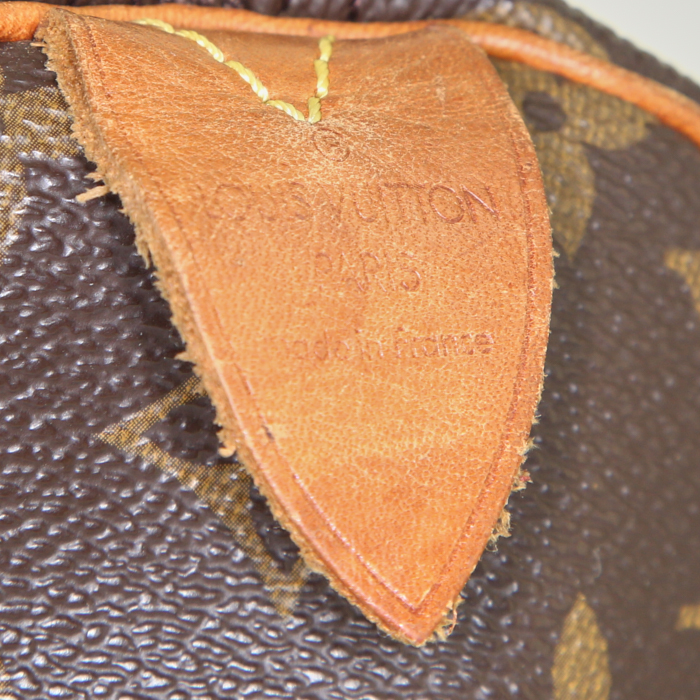 Bolso de mano Louis Vuitton Speedy 30 en lona Monogram marrón y cuero natural - Detail D3
