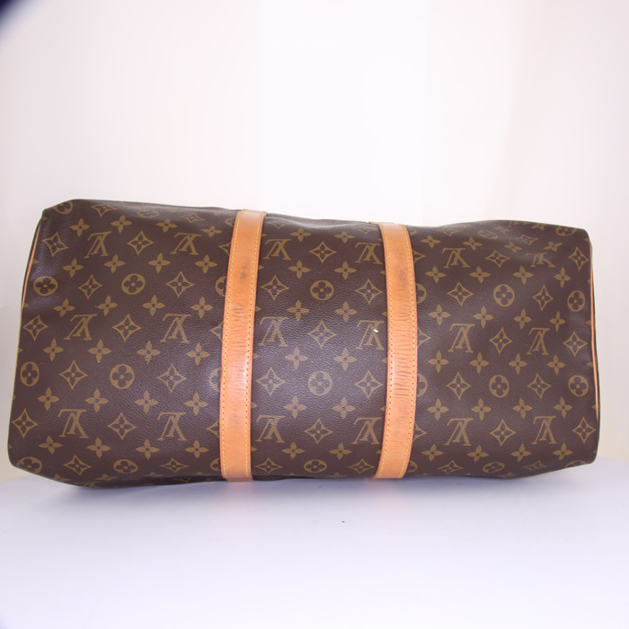 Bolsa de viaje Louis Vuitton Keepall 50 cm en lona Monogram marrón y cuero natural - Detail D5