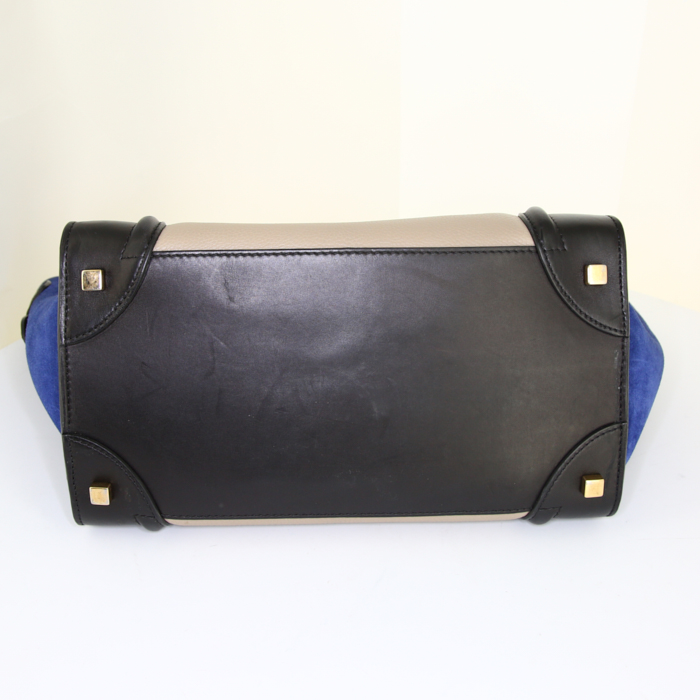 Borsa Celine Luggage modello medio in pelle beige e nera e camoscio blu - Detail D4