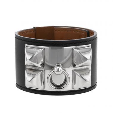 Brazalete Hermes Médor en paladio y cuero negro