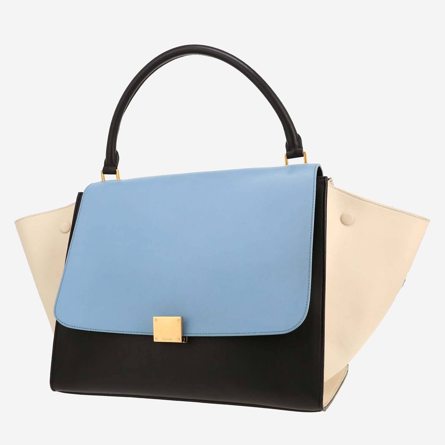 Celine Trapeze large model handbag in light blue, white and dark blue leather