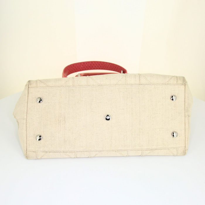 Dior Granville handbag in beige canvas and pink python - Detail D5