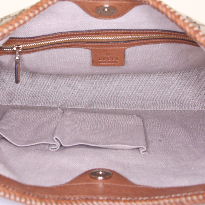 Borsa a spalla Gucci Pelham in tela monogram beige e pelle marrone - Detail D2