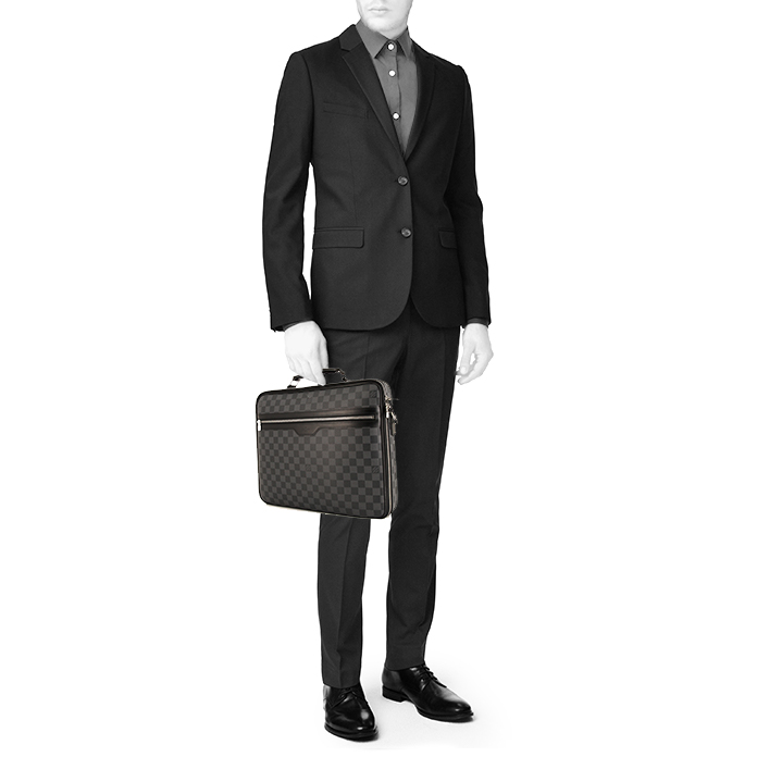 Porte-documents Louis Vuitton Sabana en toile damier grise et cuir noir - Detail D1