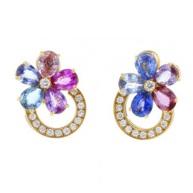 Pendientes Bulgari Flora en oro amarillo,  diamantes y zafiros Pendientes Bulgari Flora en oro amarillo,  diamantes y zafiros