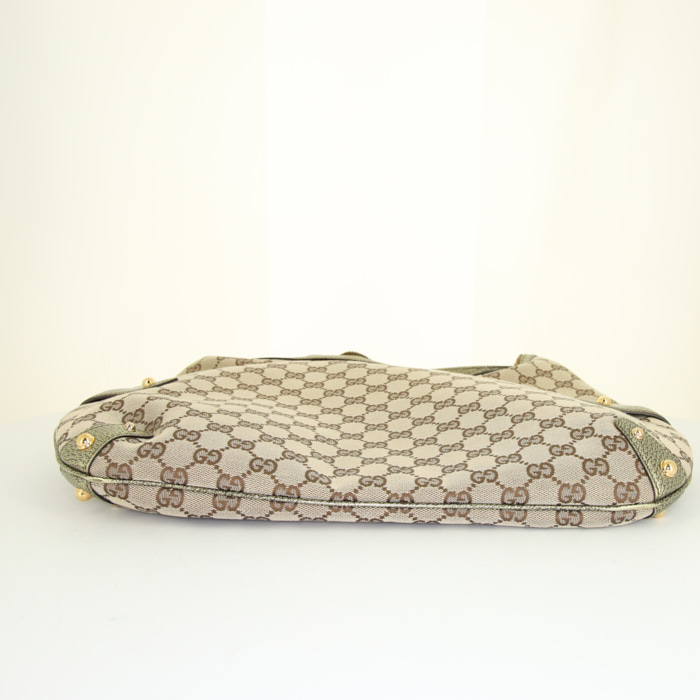 Borsa da spalla o a mano Gucci Mors in tela monogram beige e pelle iridescente grigio verde - Detail D4